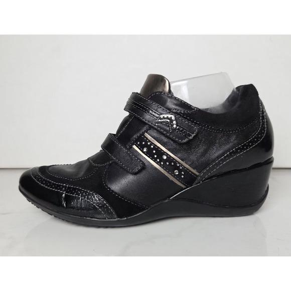 Geox Respira Sz 10 Leather  Sneakers Wedged Heel Womens Black D1387B‎ - Picture 2 of 15